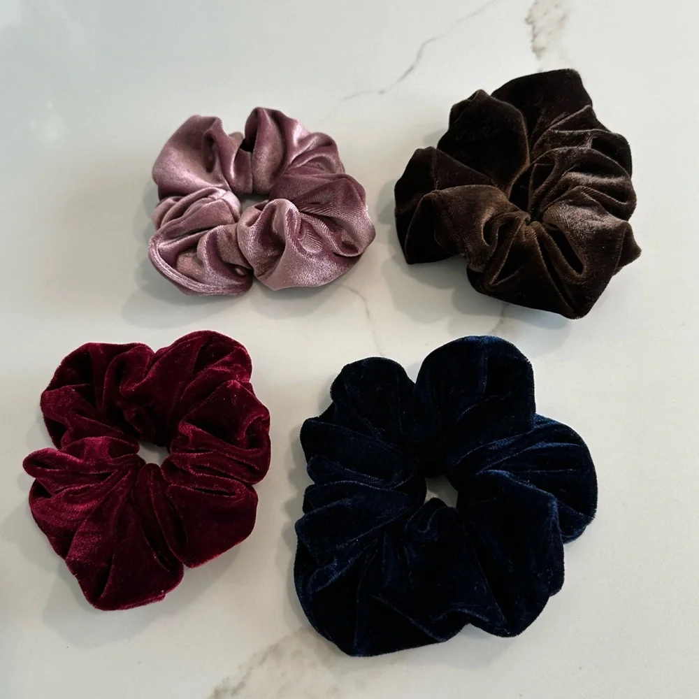 4 Beautiful velvet hair scrunchies pony holders. New!! Gorgeous colors